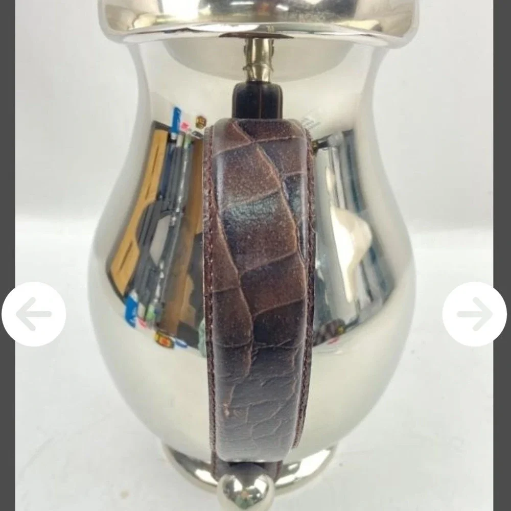 Polished Stainless Steel Pitcher Brown Faux Crocodile Leather Wrapped Handle - Picture 6 of 8